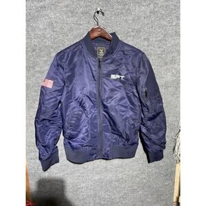 SPT Bomber Jacket Mens Medium Blue American Flag Patch Military Style Nylon Coat